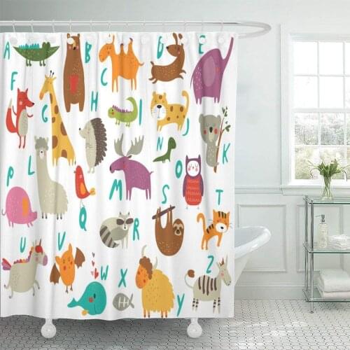 Forest Zoo Alphabet Cute Animals in Cartoon Sloth Alligator Shower Curtain Waterproof Polyester Fabric 72 x 78 Inches with Hooks