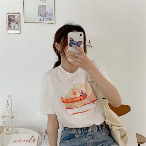 Female Korean Harajuku Loose Casual Ins Landscape Print T-shirt Womens T-shirts Tops Japanese Kawaii Ulzzang Clothes For Women