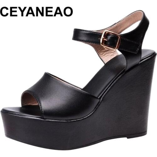 CEYANEAO 2021 New Black White Cowhide Summer Leather Slippers Increase Shoes Woman Sandals Large Size Wedges High Heel Shoe