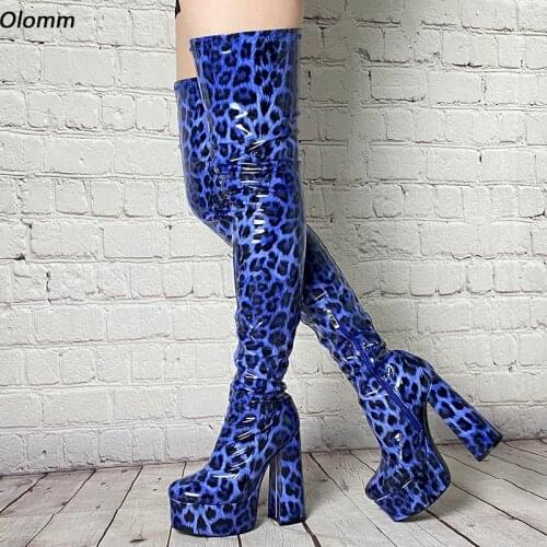 Olomm Women Winter Platform Unisex Thigh Boots Patent Side Zipper Block Heels Round Toe Blue Brown Club Shoes Plus US Size 5-15