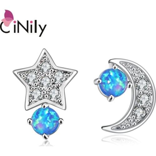 CiNily Moon & Star White Blue Fire Opal Silver Plated Women Jewelry Stud Earrings OH4771-72