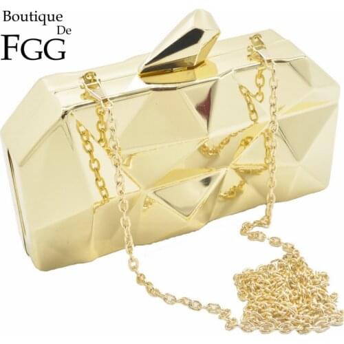 Boutique De FGG Hexagon Women Gold Evening Bags Hard Case Ladies Metal Clutches Party Cocktail Purses and Handbags