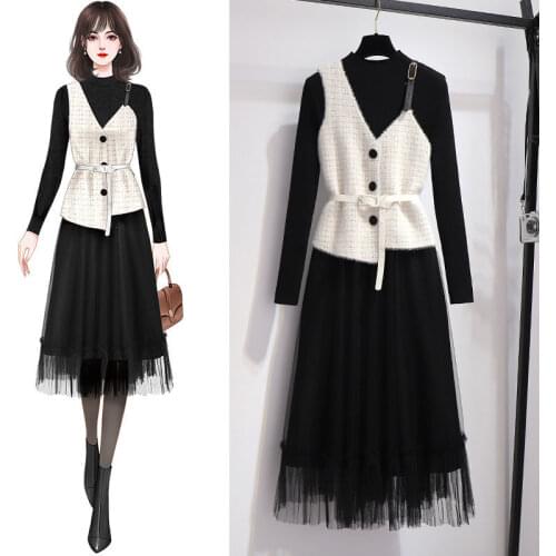 Women 2021 Spring Autumn New Two Pieces Sets Female 2pcs Set Ladies Sleeveless Vest + Mesh Long Sleeve Pleated Dress Suit A633