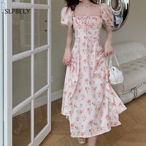 SLPBELY French Floral Print Split Dress For Women Summer Elegant Square Collar Puff Sleeve Dress A Line Maxi Dress Vestido 2021