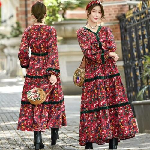 Floral Ethnic Autumn Vintage Corduroy Dress Plus Size Womens Loose Lantern Long Sleeve Drawstring Pleated Slim Lady Elbise y530