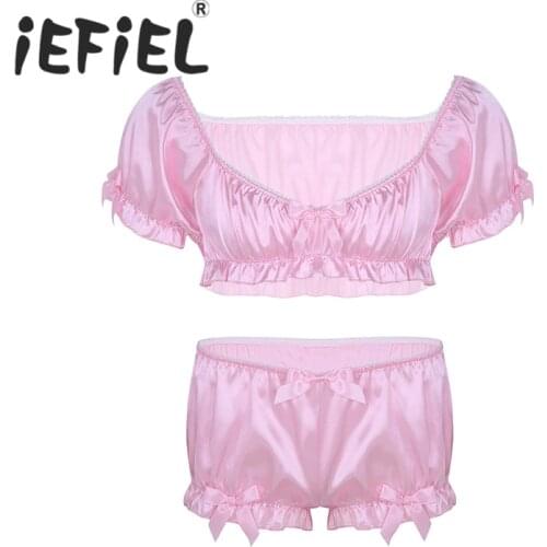 IEFiEL Fashion 2Pcs Mens Sissy Lingerie Set Soft Silky Short Sleeves Crop Top with Bloomers Boxer Underwear Set Sexy Panties