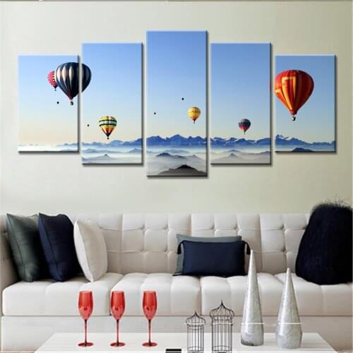 5 Panels Drop Shipped Blue Sky Home Decor Hot Air Balloon Seascape Picture 5 Pieces Canvas Wall Art Painting for Bedroom