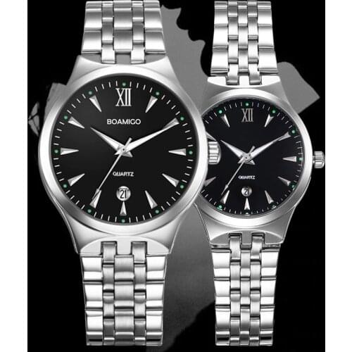 BOAMIGO Top Brand Couple Watches Fashion Casual Men Quartz Watch Full Steel Date Women Lover Couple Wristwatches 30m Waterproof