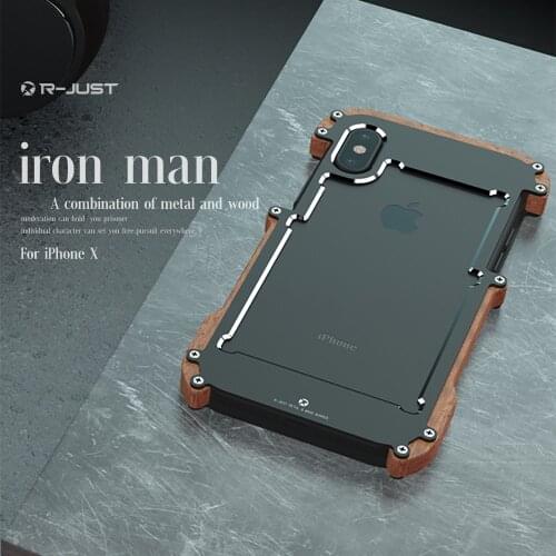 R-Just For Apple iPhone 7 Case Luxury Metal Aluminum Wood Protective Bumper Phone Case for iPhone 11 Pro XS Max 6 7 8 Plus Cover