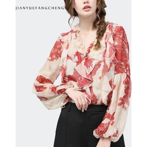 French Style Ruffles Chiffon Blouse Women Long Sleeve Red Print V-Neck Tops Loose Plus Size 2020 Autumn New Fashion Temperament
