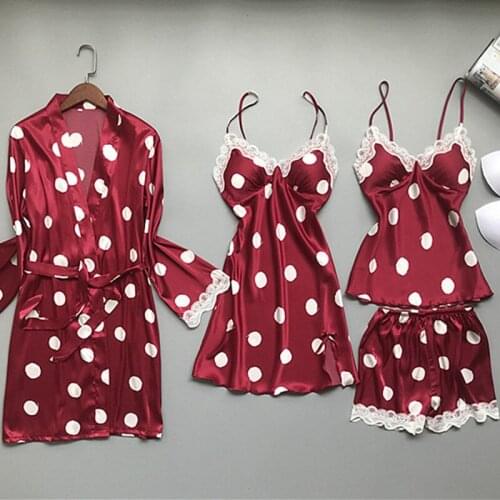 FZSLCYIYI Sexy Polka Dot Printed Spring Women Lace Trim Satin High Quality 4/3/2/1 Pcs Sleepwear With Chest Pad Pajama Sets