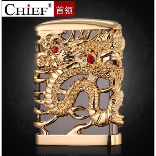 Chief Hollow Carving Dragon Play Bead, Trench Armor Brass Shell Grinding Wheel Open Flame Kerosene Lighter Smoking Accessories