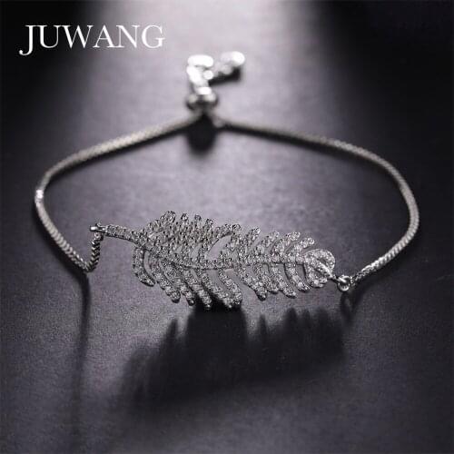 JUWANG Fashion DIY Bangles Jewelry Cubic Zirconia Pave Setting Leaf Style Charm Chain Bracelets For Woman Girl Birthday Gifts