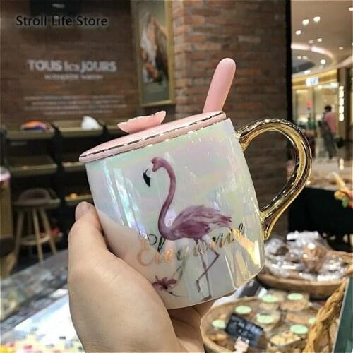 Ceramic Coffee Cup Creative Gold Mug with Cover Spoon Nordic Womens Breakfast Milk Office Water Cup Tazas Birthday Gift CM090