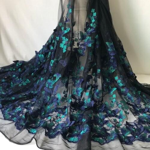 LASUI 1 yard X0530 handmade clothing skirt dress Dark purple + green High-end 3D butterfly flower embroidered lace fabric