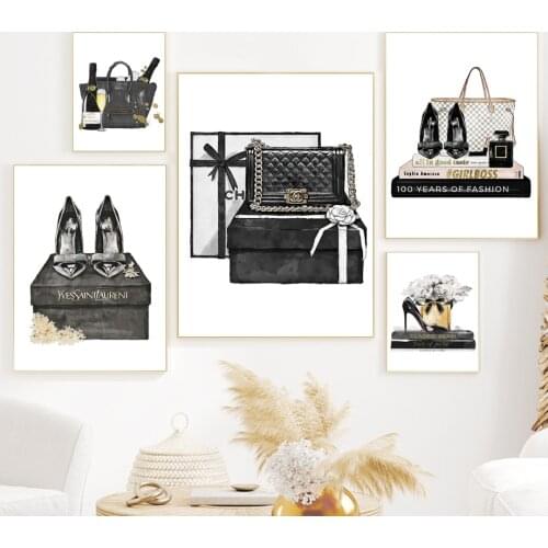 Black Watercolor Fashion Handbag Heels Perfume Girl Art Canvas Painting Nordic Posters Prints Wall Pictures Living Room Decor