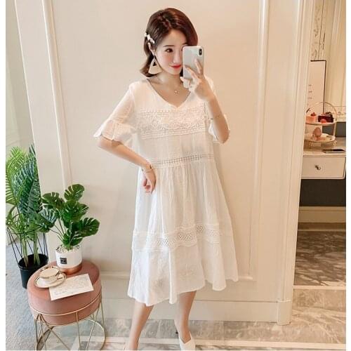New summer fashion maternity dress round neck solid color lace over knee length maternity dress