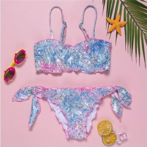 Xingqing Kids Girls Two Piece Split Swimsuit Fresh Mermaid Pattern Suspender Tops and Bandage e Shorts Bikinis Beach Wear