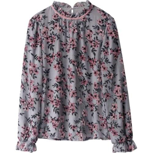 Fall Spring Ladies Woman Grey Yellow Velvet Floral Pattern Ruffles Neck Long Sleeve Blouse , Woman Fleece Thick Loose Blouses