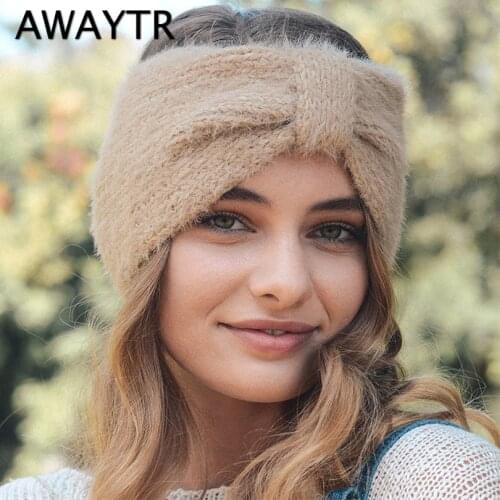 AWAYTR Artificial Marten Headband Cross Knit Knot Elastic Hair Band Fashion Soft Hair Accessories Women Headwear Warm Bandana