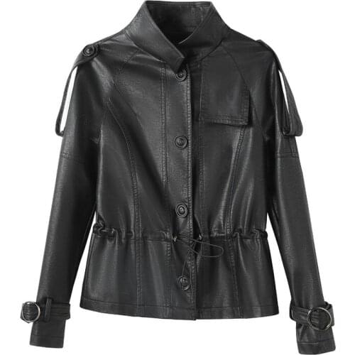 Women Pu Leather Jackets New Single Breasted Soft Leather Drawstring Jackets Coat Slim Streetwear Female Faux leather Outerwear