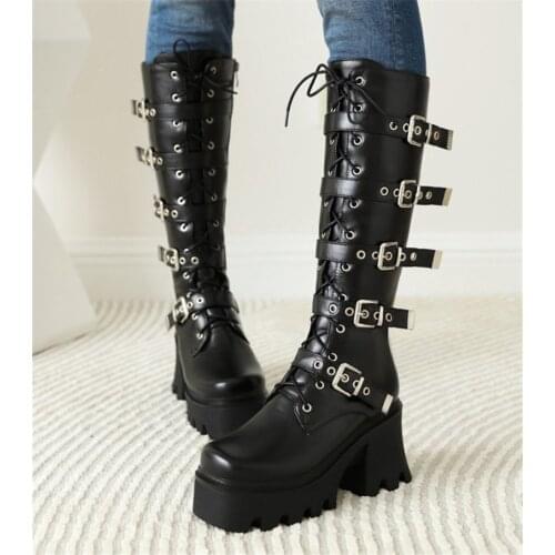 PXELENA 2021 Women Combat Platform Knee High Boots Chunky Heels Buckle Street Cool Girls Motorcycle Biker Boots 35-43 Goth Shoes