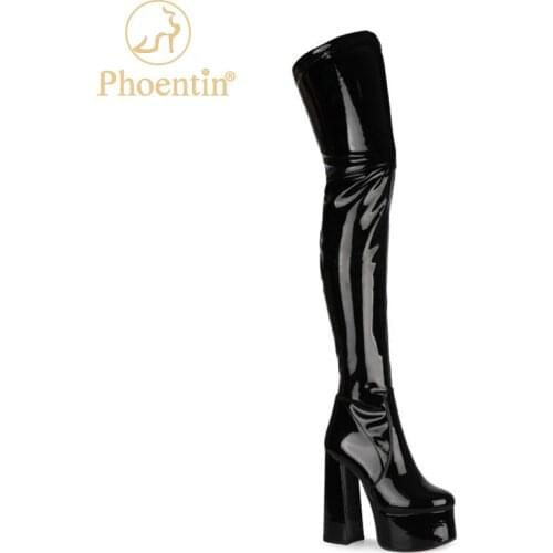 Phoentin Women over knee High Boots Round Toe Patent Leather High Platform Heel Boot Side Zipper black white size 34-45 FT1382