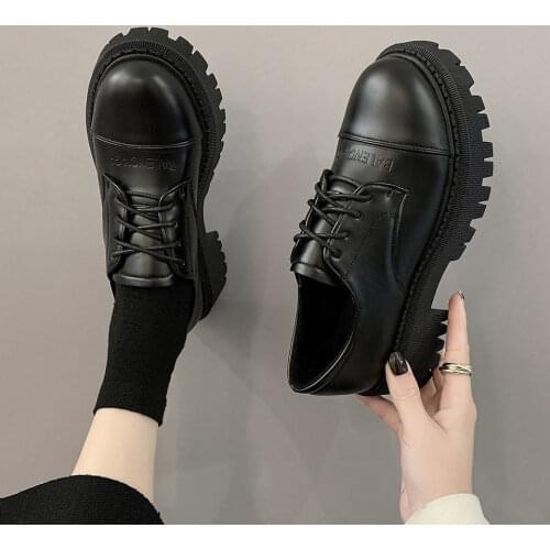 Women Platform Oxford Shoes 2021 autumn Vintage Brown Leather Lace Up Women Fashion Loafer Shoes Black Oxford Shoes