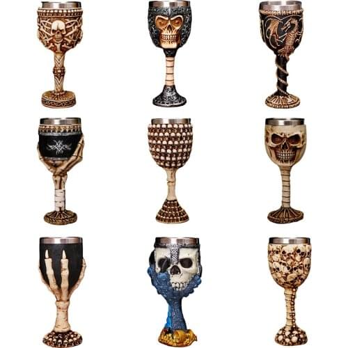 Halloween Ornaments Gothic Goblet 3D Viking Stainless Steel Resin Skull Decoration Wine Goblet Dragon Claw Skeleton Spine Cup