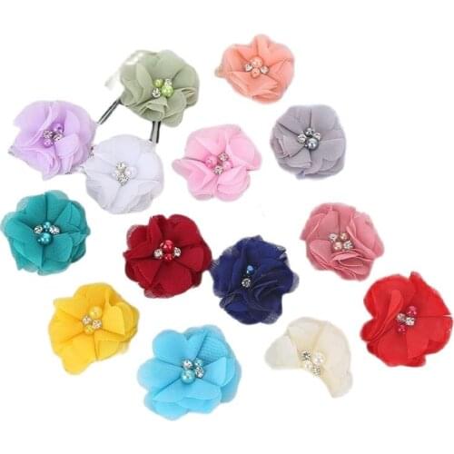 10PCS Pearl Rhinestone Chiffon flowers Hair Accessories DIY Flower Bouquet Flowers Decorations No Hair clips for headband