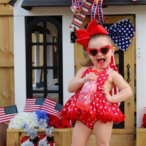 2 Pcs Newborn Independence Day Clothes Baby Girl Sleeveless Tie Up Pentagram Print Halter Romper with Pompom + Bowknot Headband
