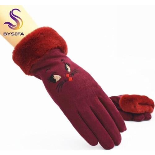 [BYSIFA] New Cartoon Cat Design Suede Cute Women Gloves Winter Wine Red Mittens Gloves Double Layers Plus Velvet Ladies Gloves