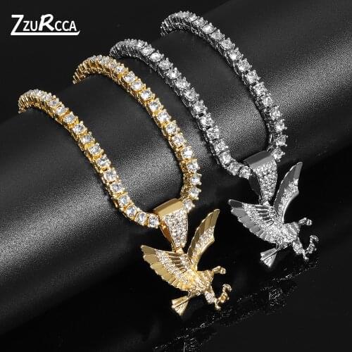 Hip Hop Tennis Chain Eagle Pendant Necklace Rhinestone Gold Color Necklace for Women bijoux femme frete gratis