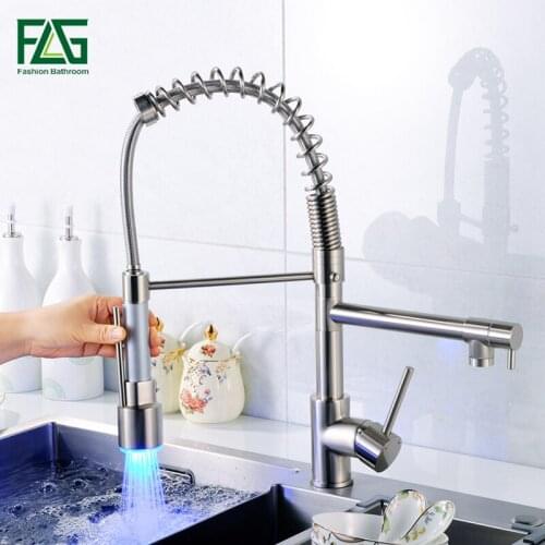FLG Nickel Brushed Pull Out LED Kitchen Faucet, Single Hole Double Spout Kitchen sink Mixer Taps, rubinetto cucina