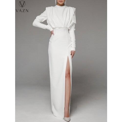 VAZN 2021 Hot High-end Young Sweet Solid Sexy Club Spit Top Full Sleeve Backless High Waist Women Thin Maxi Dress