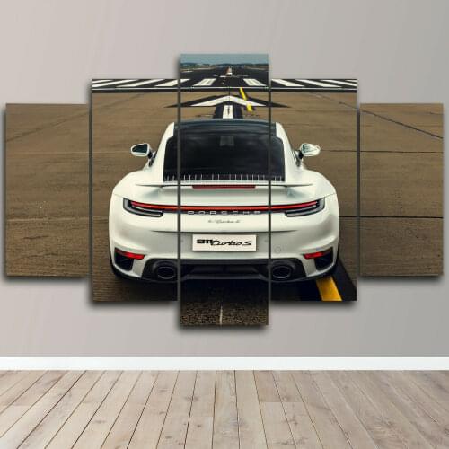 No Framed Canvas 5Pcs Porsche 911 White GT Sports Car Wall Art Posters Pictures Paintings Home Decor Living Room Decoration