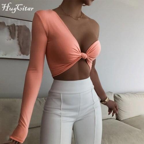 Hugcitar 2021 One-Sleeve One-Shoulder Solid Asymmetric Bow Crop Top Tshirt Summer Sexy Women Streetwear Y2K Party Club Camis
