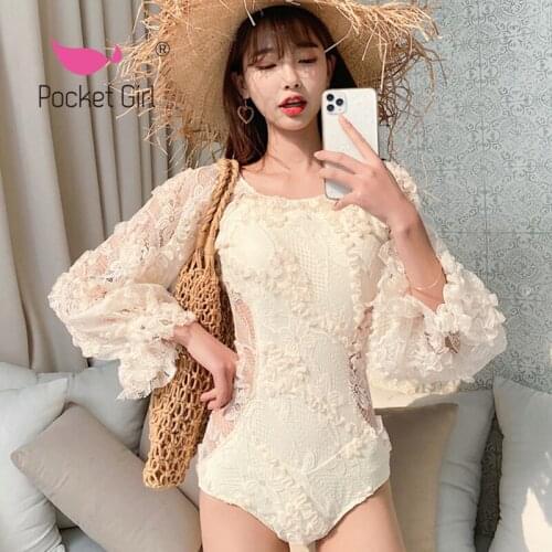 Pocket Girl 2021 One Piece Swimsuit Women Swimwear One Piece Swimsuit Lady Monokini Long Sleeve Swimwear Women Swim Bath Suit
