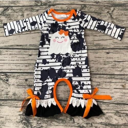 Holloween style cute ghost pattern romper baby toddler onepiece clothing with orange bowknot
