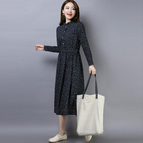 Linen Spring Mid-Calf Dress Womens Printed Casual Long Sleeve Dress Female Vintage High Waist Dress Plus Size