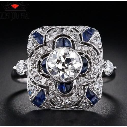 Fashion Geometric Square Blue Zircon Flower Emerald Rings For Women Luxury Engagement Wedding Rings Bride Banquet Jewelry Gifts