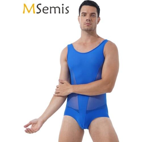 Mens Lingerie Bulge Pouch Leatord Swimwear Bodysuit Sheer Mesh Patchwork One-piece Sport Sleeveless Wrestling Bodysuit Swimsuit