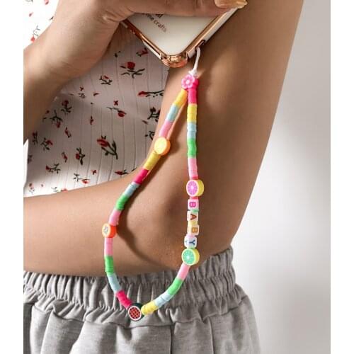 2021 New Ins Trendy Colorful Fruit Beads Chain Mobile Phone Chain Anti-lost Handmade Charm Acrylic Cord Lanyard for Women Girls