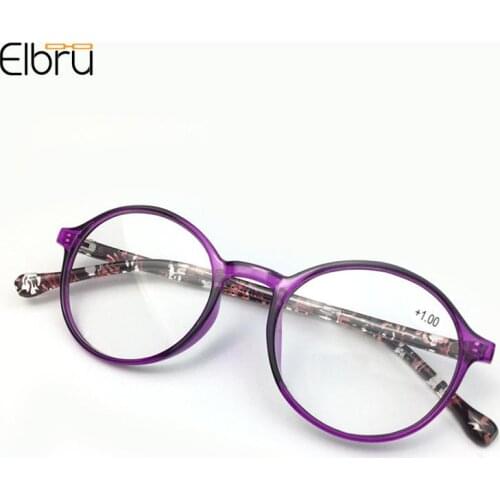 Elbru Reading Glasses Retro Purple Round Print Frame Presbyopic Eyewear Ultralight Women Reader Goggle Diopters +1to+4 Unisex