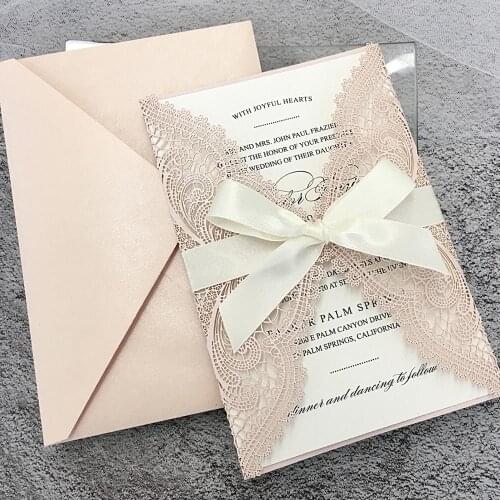 Picky Bride Pink Wedding Invitations Laser Cut Invitations with Ivory Shimmer Insert - Set of 50pcs