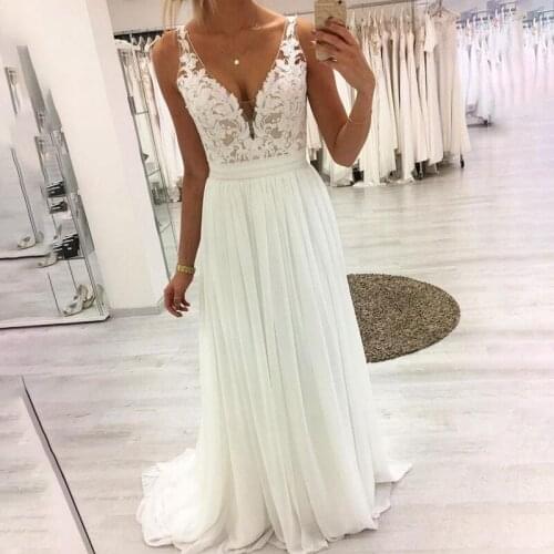 2020 Simple A Line Wedding Dresses New Sleeve Lace Applique V Neck Floor Length Chiffon Wedding Gowns Party Dress