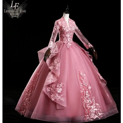 Luxury bean pink embroidery collar long sleeve ball gown dress Renaissance Gown queen dress Victorian/Marie Antoinette Belle