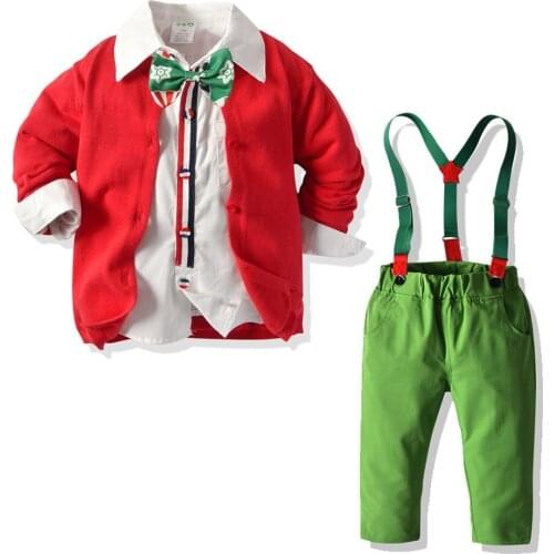 2020 Christmas boy clothing set / White blouse with bowtie + Red Sweater+Green suspender