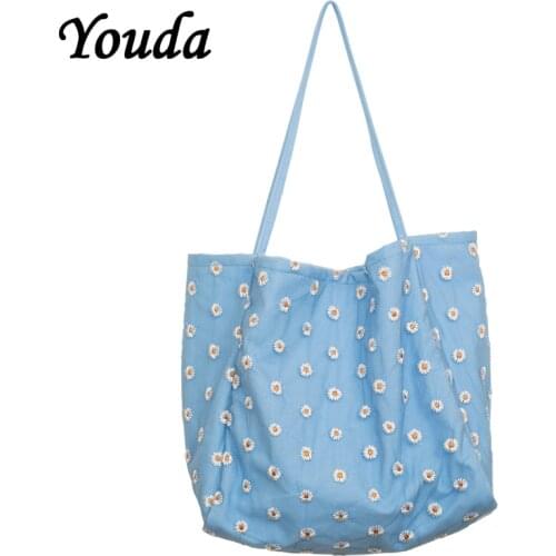 Youda 2020 Spring Women Shoulder Bags Tote Mesh Cloth Bag Daisy Embroidery Handbag High Quality Blue Shopping Bag Purse Girls