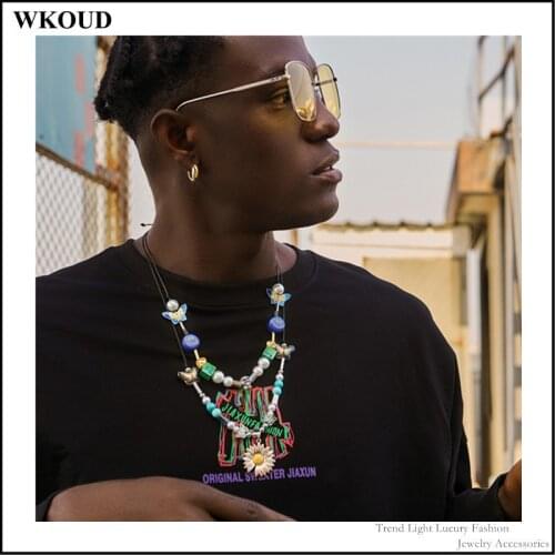 2021 Summer Fashion Fresh Small Daisy Enamel Ceramic Butterfly Pearl Hip Hop Rap Necklace Men and Women Wool Sweater Necklace